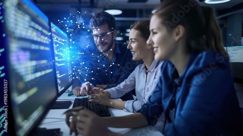 Team of Young Professionals Analyzing Data with Digital Network Visualization in Modern Office