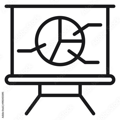Fotografie Minimalist black vector icon illustration of a presentation screen on a tripod stand featuring a pie chart with data callouts, symbol for business analytics, reports, and statistics