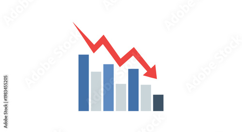 A thick red arrow descends sharply over blue and grey vertical bars of varying heights to demonstrate a negative business performance trend on white background.