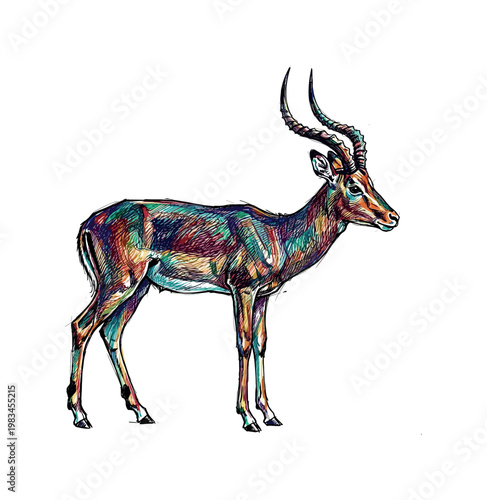 Full body antelope standing in side profile with slender legs and long curved horns forming elegant wild ungulate silhouette in