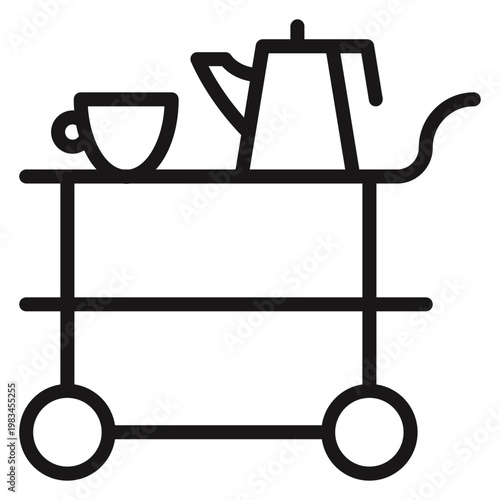 Minimalist black line vector icon illustration of a tea service cart or coffee trolley with a teapot and cup, perfect for hospitality, hotel room service, catering, and restaurant business symbols.