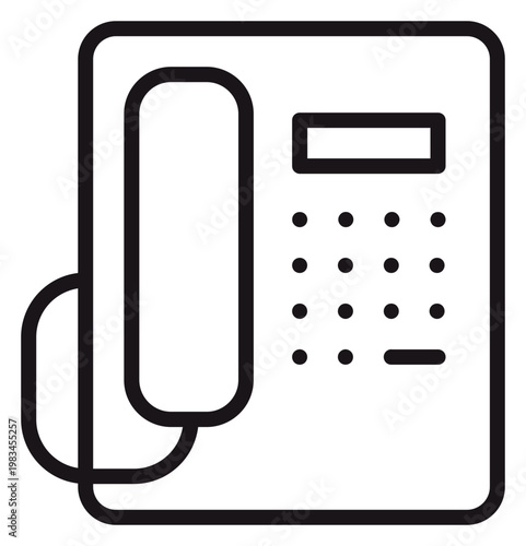 Minimalist black line vector icon of a classic office landline telephone featuring a handset, keypad buttons, and display screen, perfect for business communication and customer support.
