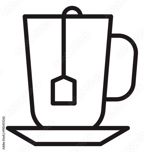 Obraz na płótnie Black line art vector icon of a tea cup with a tea bag on a saucer, minimalist illustration for beverage, breakfast, or cafe concepts, scalable graphic symbol for web and print design