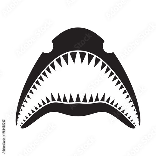 A black silhouette of a shark s open mouth with sharp teeth