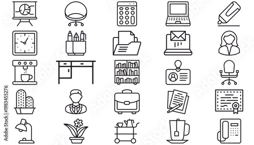 25 Office and Business Vector Icon Set, Minimalist Black Line Art Collection for Workspace, Education, and Technology. Includes Furniture, Stationery, Electronics, and Professional User Avatars.