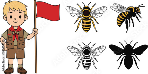 Scout boy holding flag with detailed bee and wasp insects silhouettes cartoon vector illustration collection