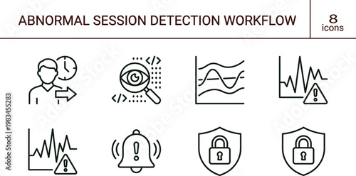 Abnormal session detection workflow outline cybersecurity icon set illustrating anomaly monitoring behavioral analytics risk alerts and security event tracking processes