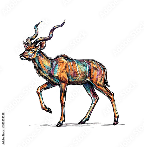 Walking antelope in three-quarter view with one leg lifted and fluid motion emphasized through elongated limbs and horn balance,