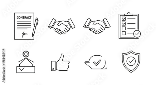 Business Agreement Icons Set Contract Handshake Checklist Stamp Thumbs Up.