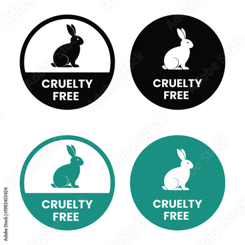 Four circular cruelty free logos featuring rabbits in black and teal color schemes are displayed on a white background high quality