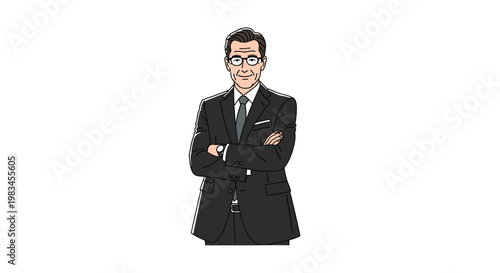 A professional mature businessman wearing a tailored charcoal suit and classic spectacles stands confidently with crossed arms against a minimalist white backdrop.