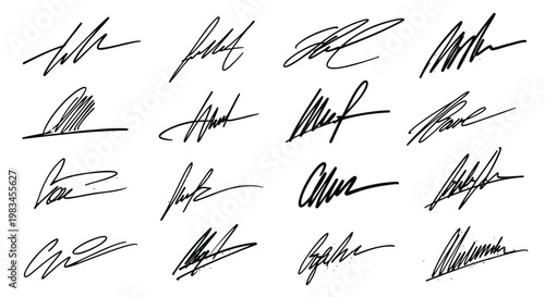 Handwritten signatures, signature collection, black ink, vector signatures, 20 scribbled autographs