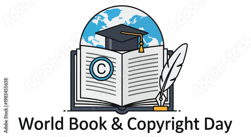 World book and copyright day illustration featuring a globe book and graduation cap