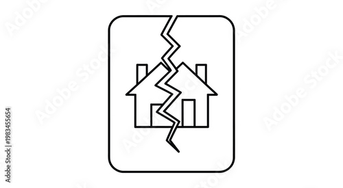 Divorce and property division concept vector illustration, showing two halves of a house splitting apart symbolizing separation.