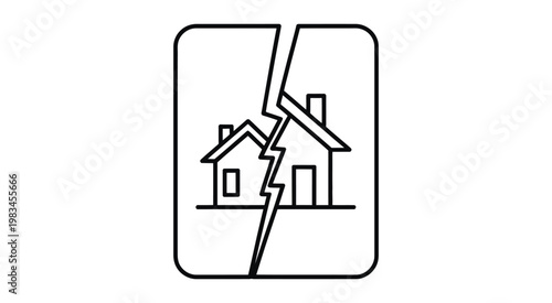 Divorce and property division concept vector illustration, showing two halves of a house splitting apart symbolizing separation.