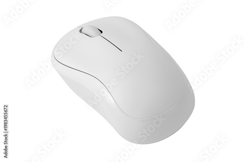 A white computer mouse sits on a plain white surface. The mouse has a smooth design and a simple layout with a scroll wheel and no visible markings