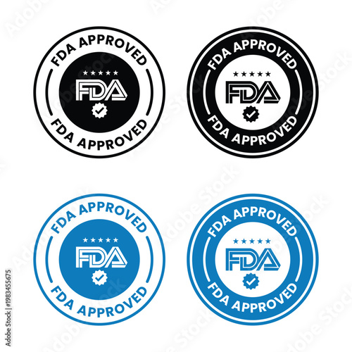 Four variations of an fda approved seal are shown with differing color schemes and backgrounds high quality professional detailed modern elegant