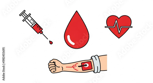 Medical icons representing blood donation and health monitoring.