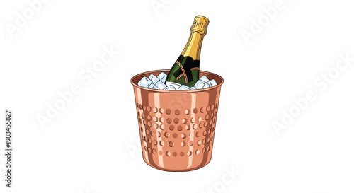 A premium champagne bottle rests within a unique copper-toned ice bucket showcasing a meticulous hammered texture and filled with cold cubes on a white background.