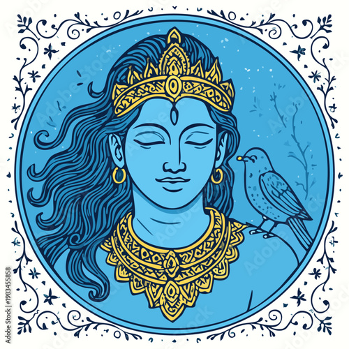 Artistic portrait of a blue-skinned goddess with a crown and a bird, blue skin