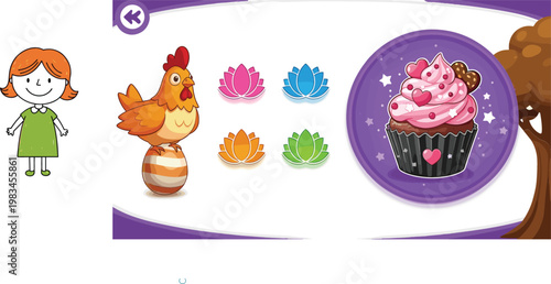 Cute girl chicken colorful lotus flowers and cupcake dessert badge cartoon vector illustration collection