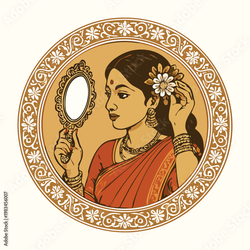Traditional indian woman looking in a mirror and adjusting her hair flower