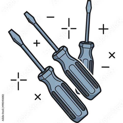 Three screwdrivers are lying on a surface with symbols around them.