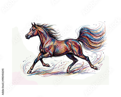 Running Arabian horse in dynamic stride with extended legs and stretched body silhouette capturing speed and elegance through