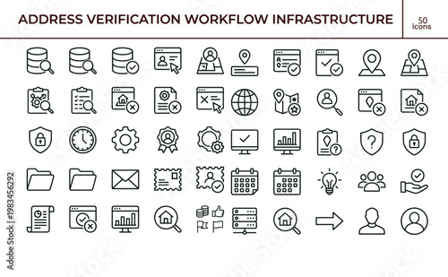 Address verification workflow infrastructure outline icon set illustrating identity validation compliance onboarding document approval database matching security architecture systems