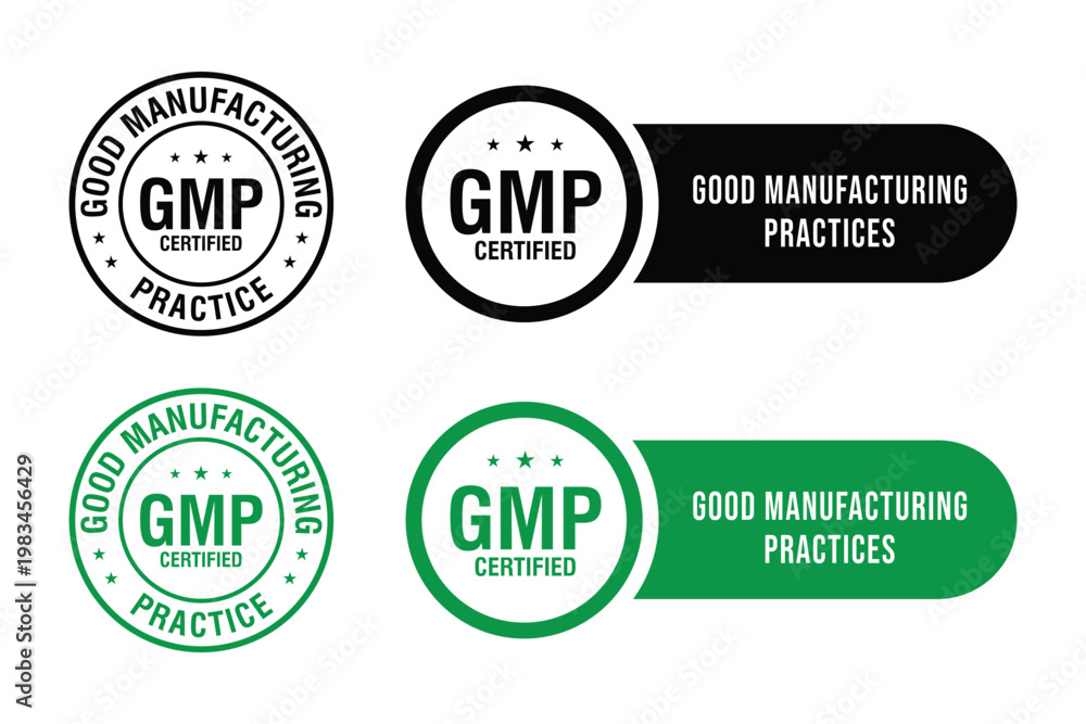 Fototapeta premium GMP Certified logo. Good Manufacturing Practice Certified Set Badge, Stamp, Icon, Seal, Label, Tag, Emblem For CBD Label Oil and Packaging Design. Vector Illustration