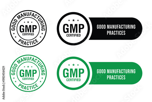 GMP Certified logo. Good Manufacturing Practice Certified Set Badge, Stamp, Icon, Seal, Label, Tag, Emblem For CBD Label Oil and Packaging Design. Vector Illustration	