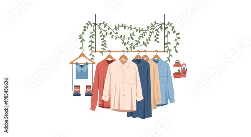 A charming illustration features several colorful shirts and small shoes hanging from a wooden rack adorned with a lush, trailing green ivy vine.