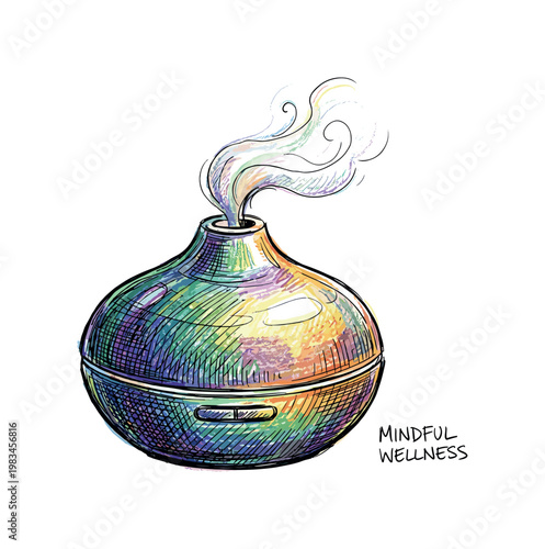 Aromatherapy diffuser with rounded body and subtle mist opening forming calming wellness accessory for mindful environment in