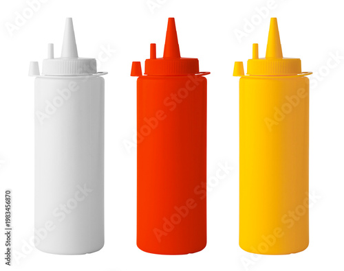 Three squeeze bottles stand in a row. The bottles are colored white, red, and yellow. Each bottle has a pointed top for easy dispensing. They are empty and ready for use
