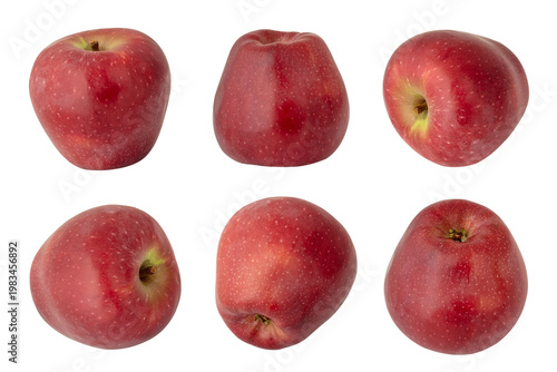 Six red apples are arranged in a grid on a white background. Each apple shows a different angle and shape, showcasing their natural texture and color