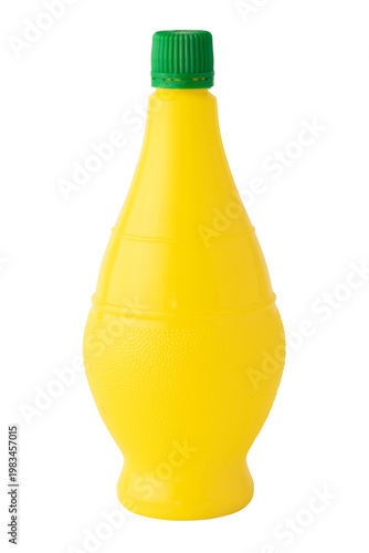 A yellow bottle of lemon juice stands vertically against a white background. The bottle has a green cap and a cone-shaped shape