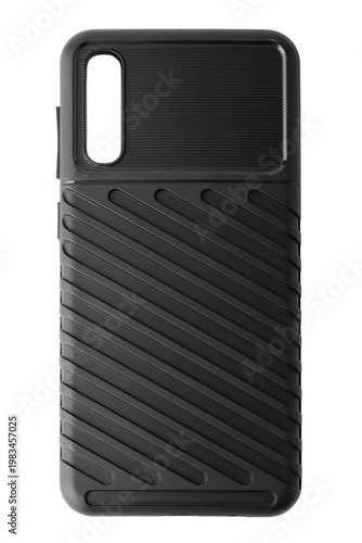 A black phone case with a textured design is placed on a light colored background. The case has a smooth feel and fits modern smartphone models. It is suitable for online shopping