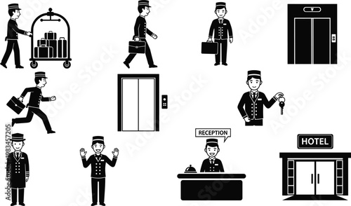 Vector collection of minimalist black and white hotel service icons featuring bellboy silhouettes luggage carts elevator symbols and reception desk isolated on white background