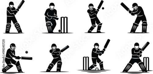 Cricket player, cricket icons, black and white, sports illustrations, vector graphics, athletic poses, batsman, wicket keeper
