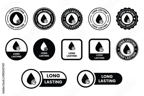 Long lasting icons set, logo, label, badge, symbol, arrow, stamp, black, line, flat vector, isolated illustration. Pharma or beauty label for product packaging design. Hourglass, time, clock icon.	