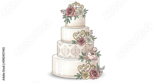 Elegant Four Tier Wedding Cake Decorated with Flowers.