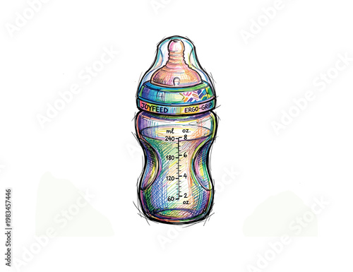 Baby feeding bottle with rounded body and soft nipple top forming essential infant care object in expressive vibrant multicolor