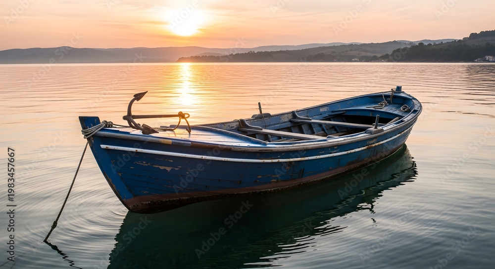 Fototapeta premium A blue boat floating on calm water at sunset