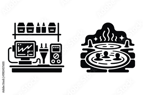 Vector illustration icons of a scientific setup and people in a hot tub