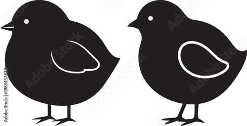 Two black silhouette chicks standing on their legs with black and white background cute animal baby bird chick illustration spring chick easter chick silhouette illustration isolated