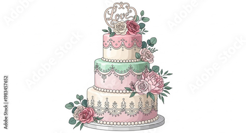 Elegant Four Tier Wedding Cake Decorated with Flowers and Frosting.
