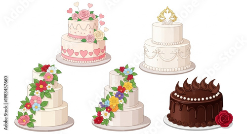 Assortment of Five Decorative Cakes for Celebrations.