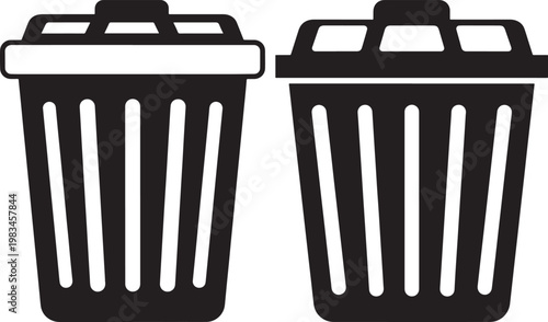 Two black silhouette trash cans with lids trash can black and white background waste bin garbage can recycling bin waste disposal trash icon container silhouette illustration
