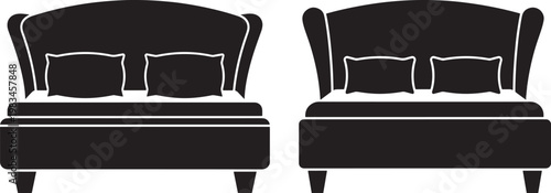 Two black silhouette beds with pillows and headboards white background home decor bed icon furniture icon bedroom icon rest icon furniture silhouette illustration interior domestic
