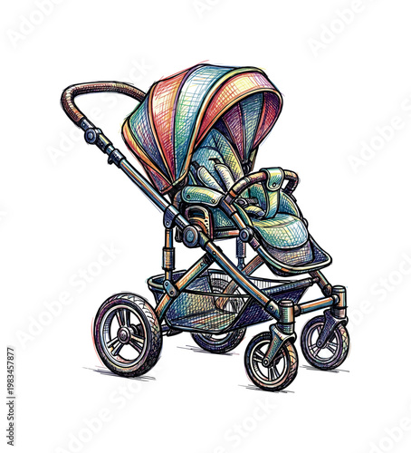 Baby stroller with canopy and wheels forming compact infant transport object with structured frame in expressive vibrant